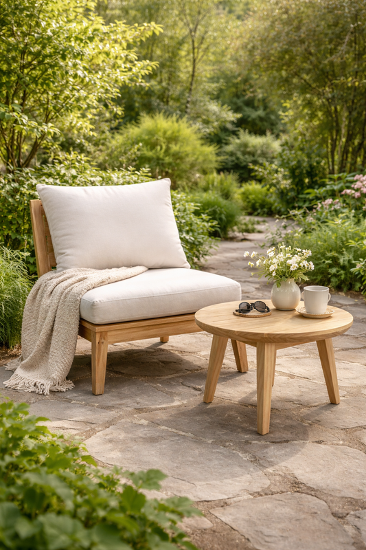 Bijzettafel hout rond voor buiten = salontafel - bijzettafel