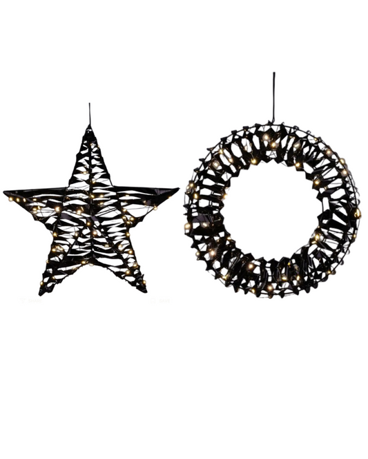 Zwarte kerstkrans en ster met LED verlichting