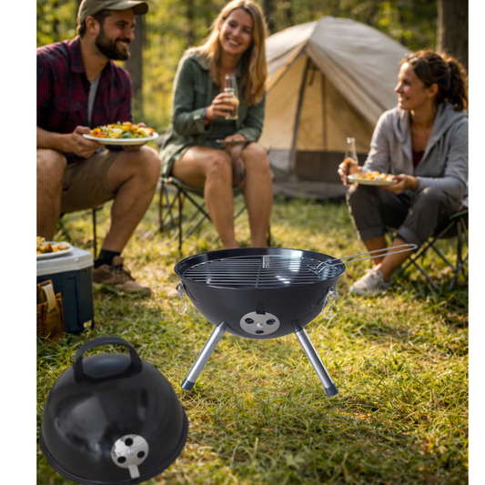 Compacte zwarte houtskool BBQ met deksel, tafelmodel geschikt voor tuin, balkon en camping