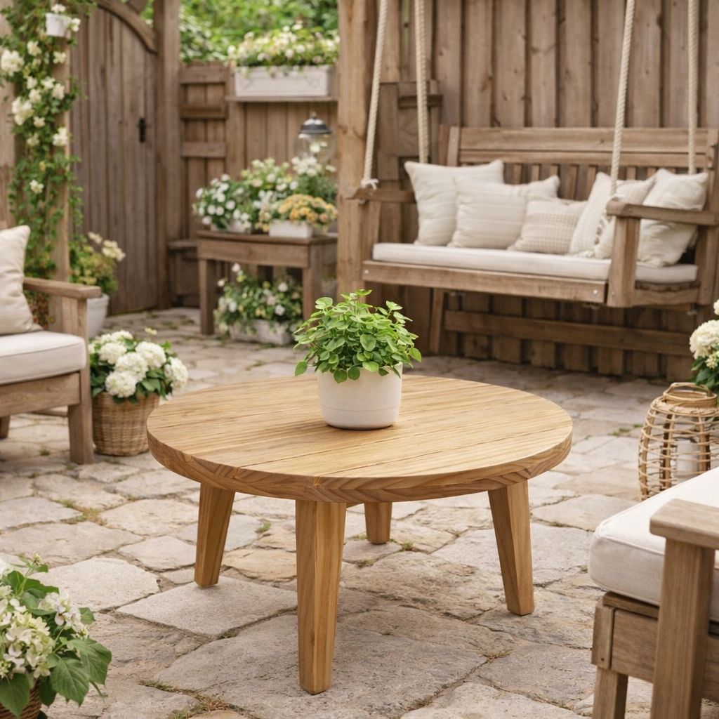 Bijzettafel hout rond voor buiten = salontafel - bijzettafel