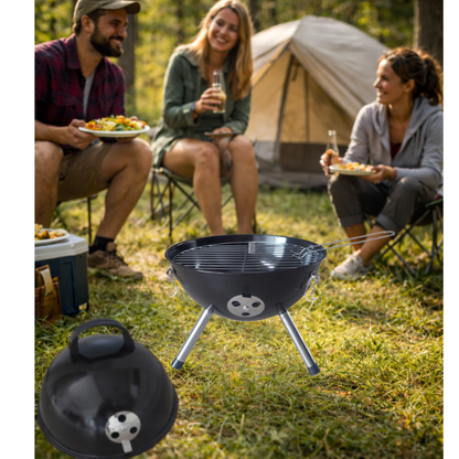 Compacte zwarte houtskool BBQ met deksel, tafelmodel geschikt voor tuin, balkon en camping
