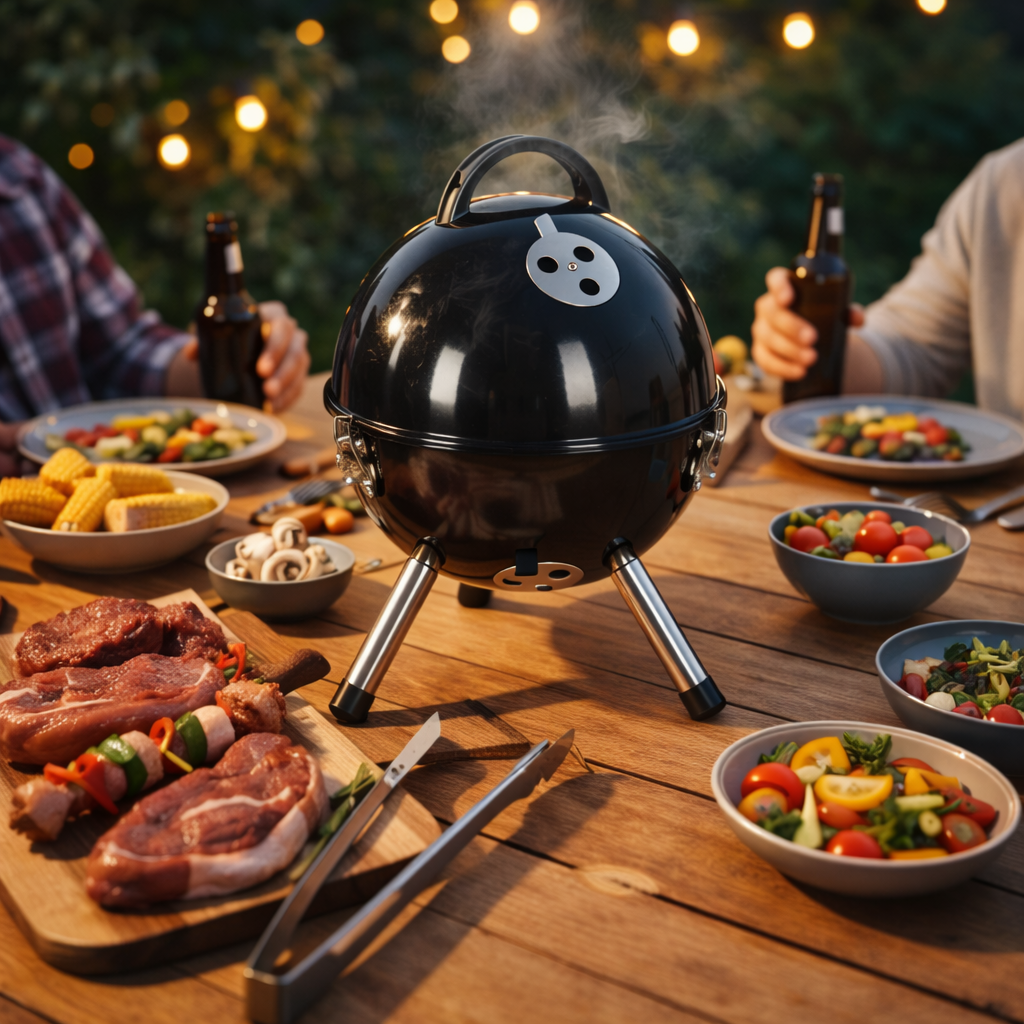 Compacte zwarte houtskool BBQ met deksel, tafelmodel geschikt voor tuin, balkon en camping